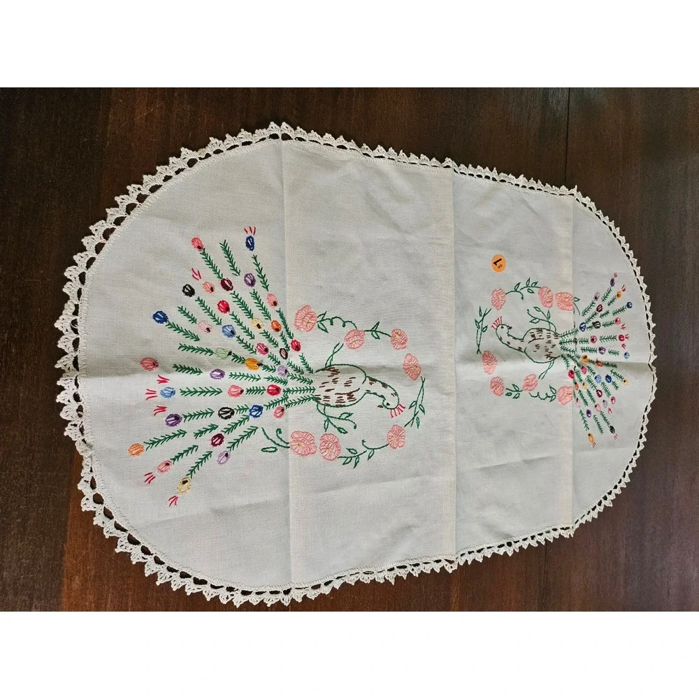 Hand Embroidered Table Runner White Peacock Floral Lace Trim